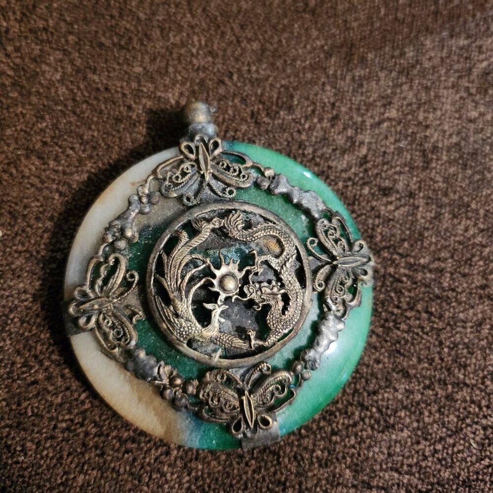 Vintage 1940s Chinese Dragon and Phoenix butterfly jade Pendant